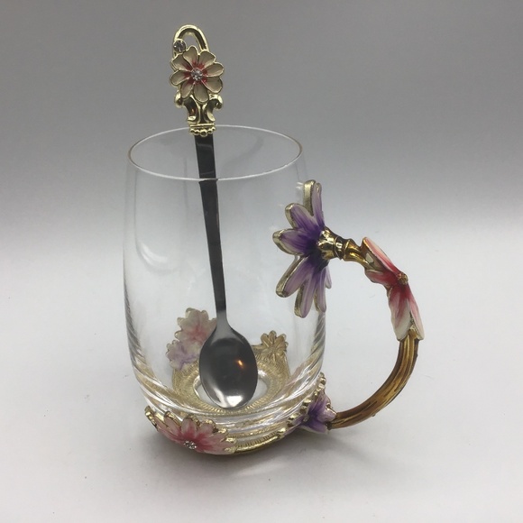 Coffee or Tea Mug Flowers Enamel Clear Glass Mug with Handle and Spoon. - Picture 1 of 6